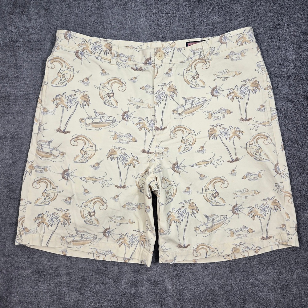 Vineyard Vines Club Short Mens 36 Cream Nautical Tropical Print Excellent Cotton